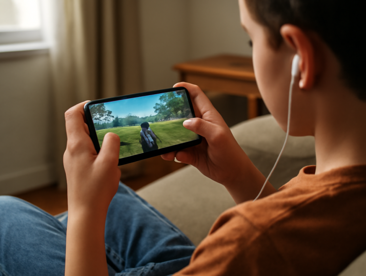 Seseorang memegang HP secara horizontal sambil memainkan game battle royale mobile