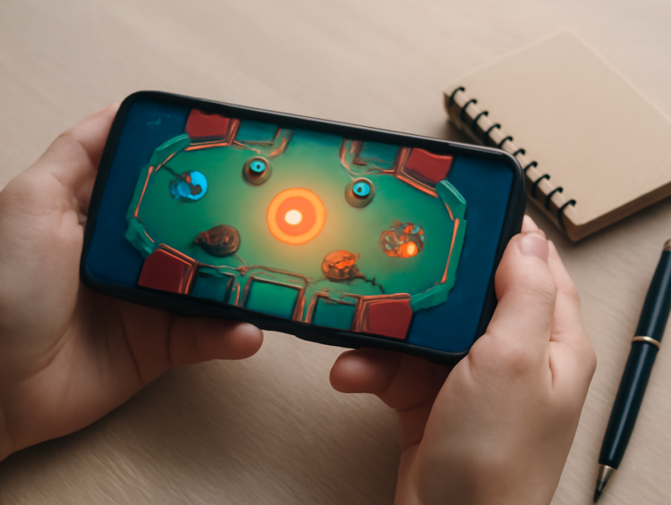 Pemain memegang ponsel untuk bermain game MOBA mobile di atas meja