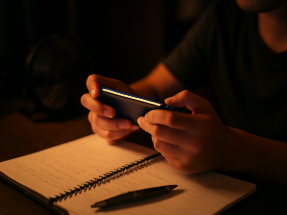 Tangan memegang HP untuk bermain game MOBA mobile sambil mencatat di buku