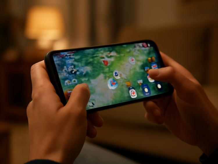 Tangan memegang ponsel untuk bermain game MOBA mobile di ruangan dengan cahaya malam