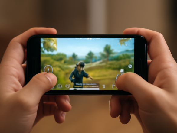 Pemain memegang HP kecil secara horizontal saat memainkan game battle royale
