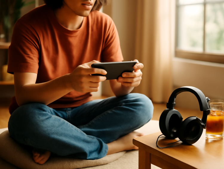 Pemain muda memegang ponsel untuk bermain game online Asia di ruang santai