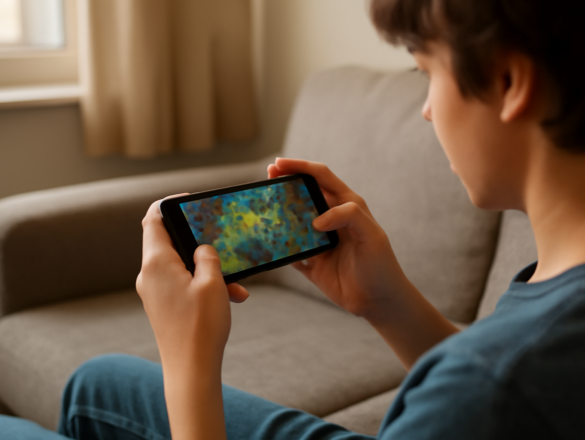 Pemain memegang HP sederhana untuk bermain game MOBA mobile ringan di ruang tamu