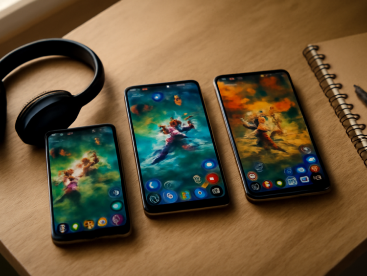 Tiga ponsel menampilkan antarmuka game MOBA mobile yang berbeda di atas meja kayu