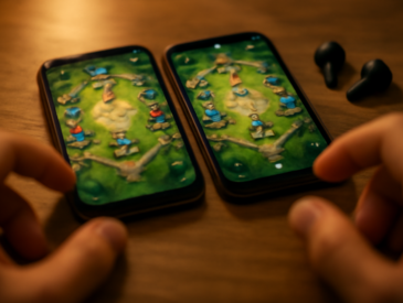 Dua ponsel di atas meja menampilkan antarmuka pertandingan MOBA mobile untuk dibandingkan