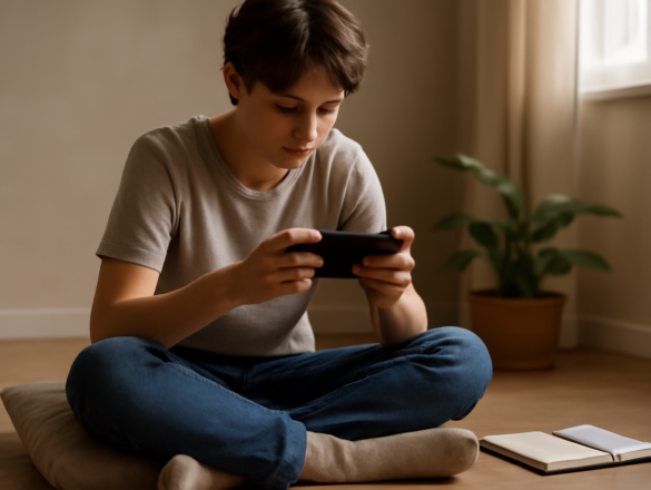 Pemain muda memegang ponsel untuk bermain game MOBA mobile di ruangan santai