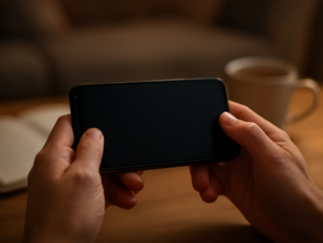 Tangan memegang ponsel secara horizontal untuk bermain game mobile di ruangan santai