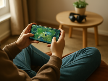 Pemain memegang ponsel untuk bermain game MOBA mobile di ruangan santai